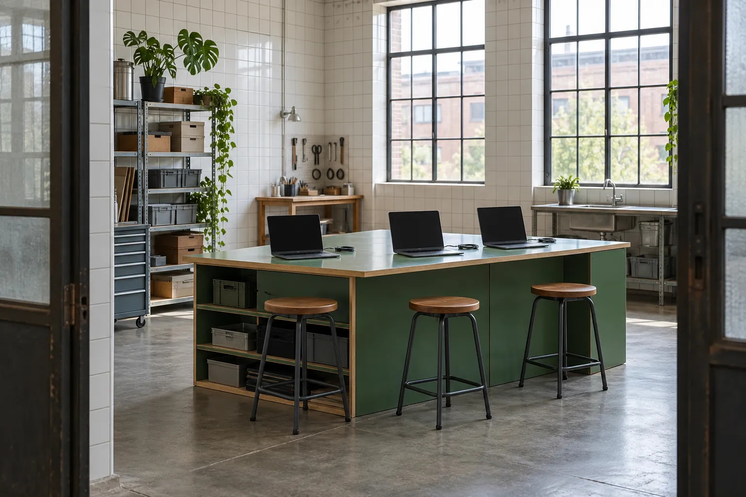 Illustration: Dark unbranded laptops are arranged at three seats around a green laminate island, with coiled cables kept tidy.