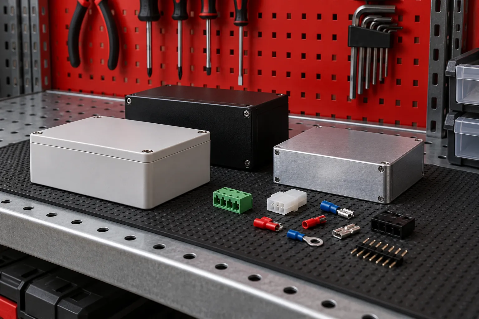 Illustration: Simple unmarked project enclosures and a few generic loose electronic connectors sit on a perforated metal shelf beneath a red pegboard.