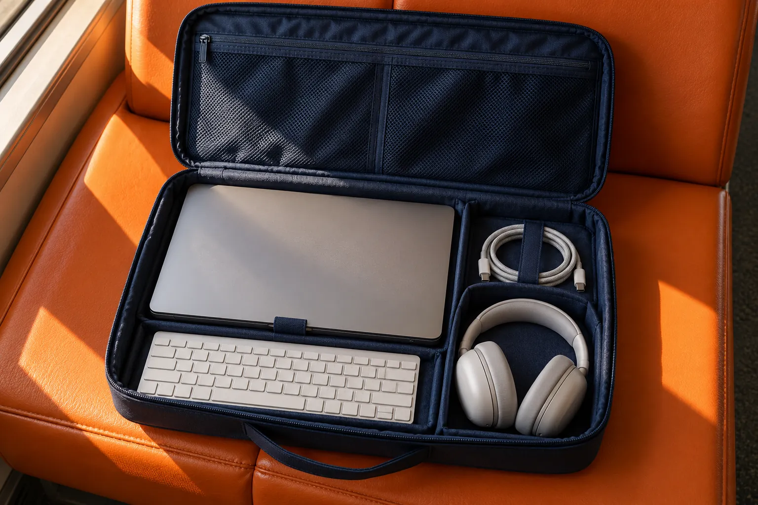 Illustration: A closed laptop, compact unbranded keyboard, coiled cable and plain headphones fit into an open navy travel case.