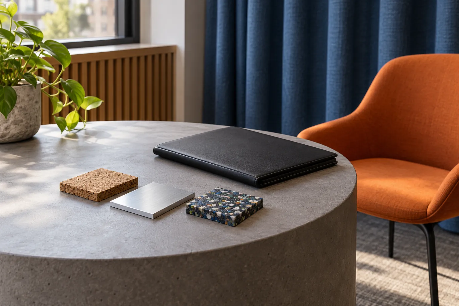 Illustration: Small unlabeled samples of cork, aluminum and recycled plastic are set out beside a closed black folio on a gray pedestal.