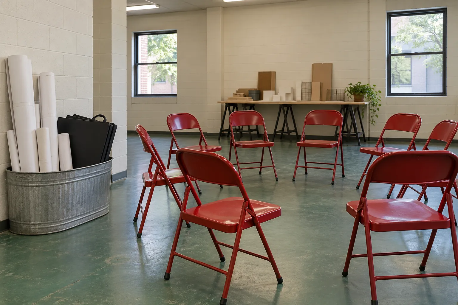 Illustration: Blank drafting rolls and a plain hard portfolio lean in a steel bin beside a semicircle of empty red folding chairs.
