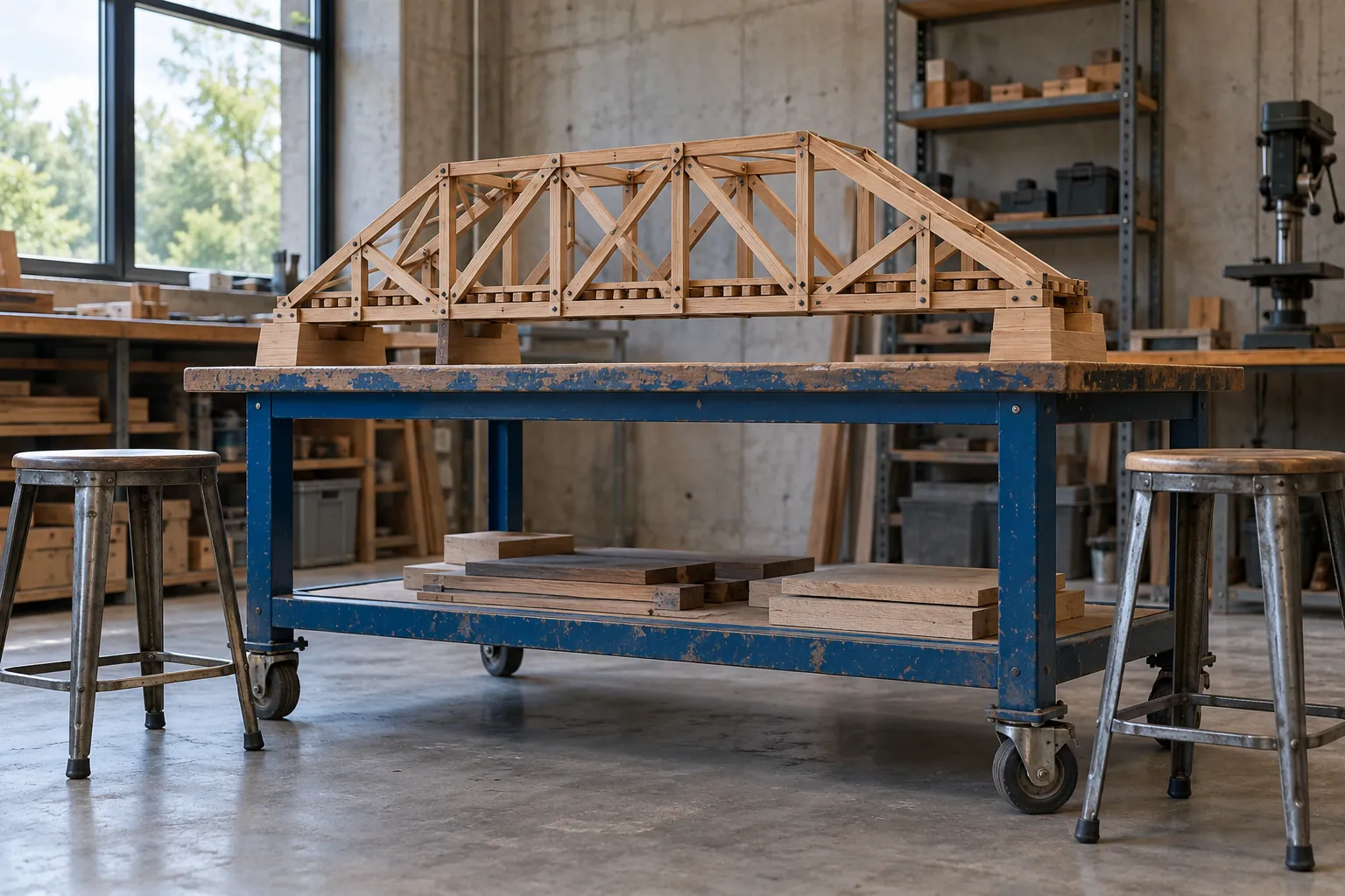 Illustration: A small original wooden truss model sits on a blue rolling workbench between two empty metal stools.