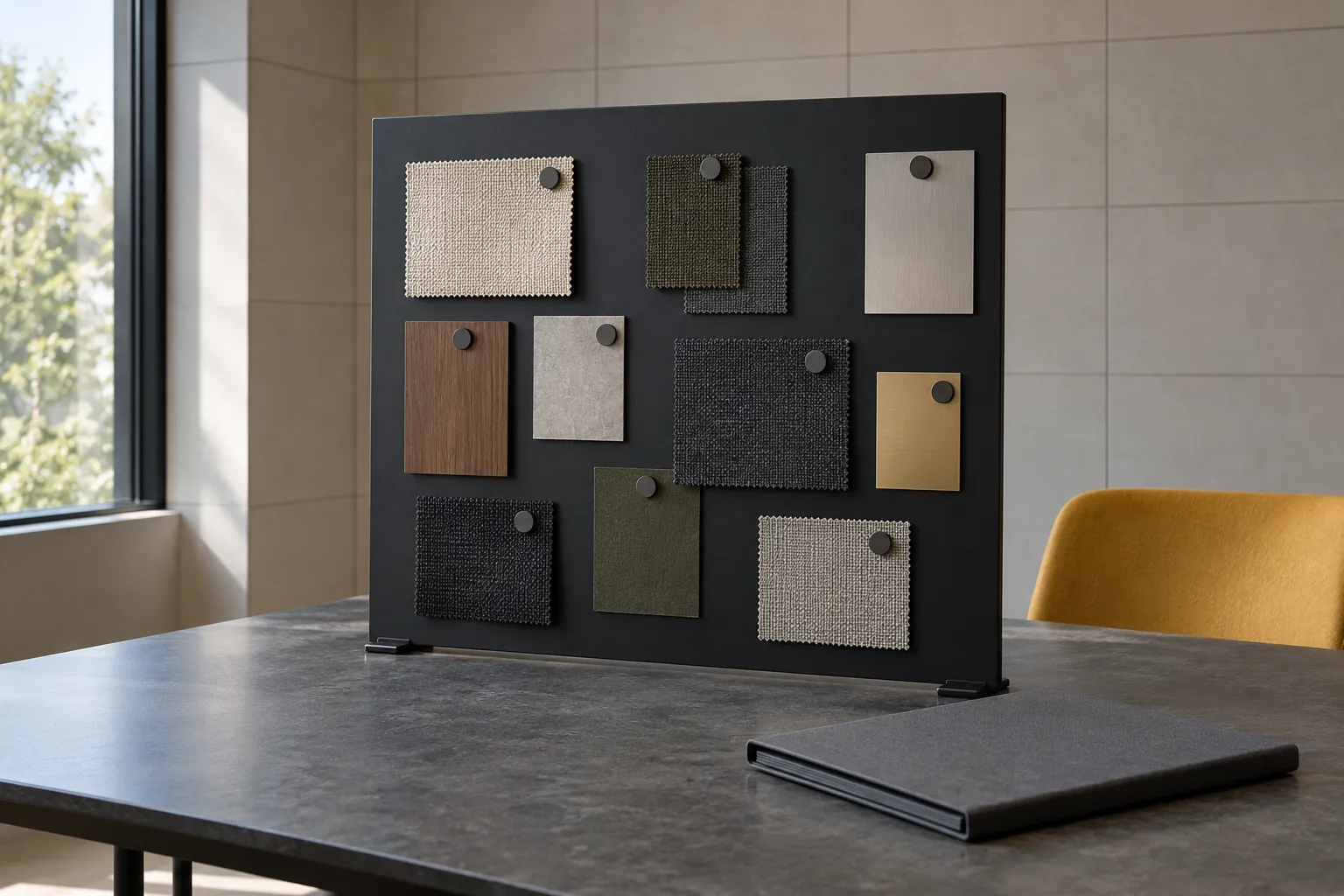 Illustration: Unlabeled fabric and metal swatches attach to a dark freestanding magnetic panel beside a closed plain portfolio.