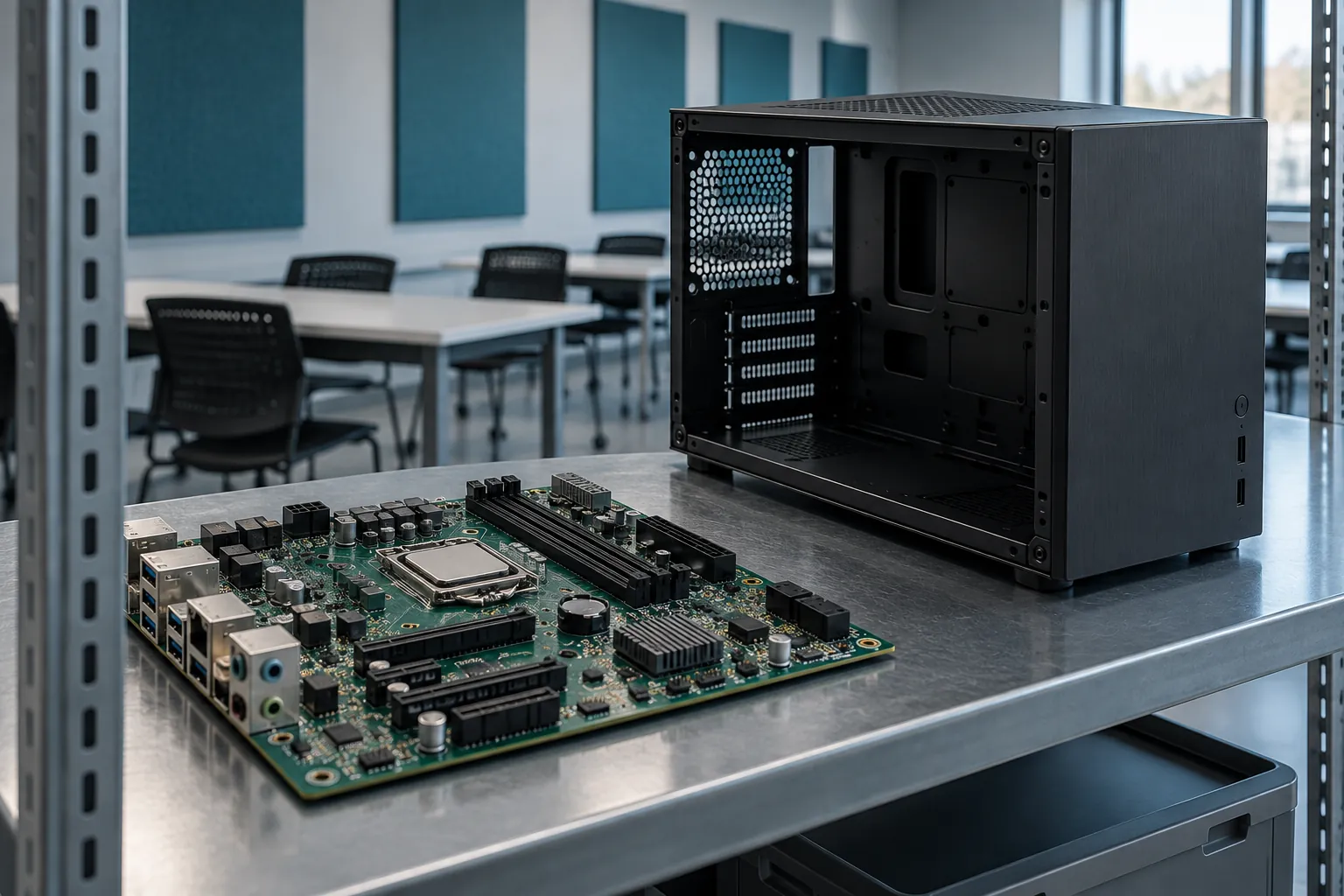 Illustration: A generic unbranded circuit board and an unplugged compact computer case sit on a steel shelf in an empty peer-learning room.