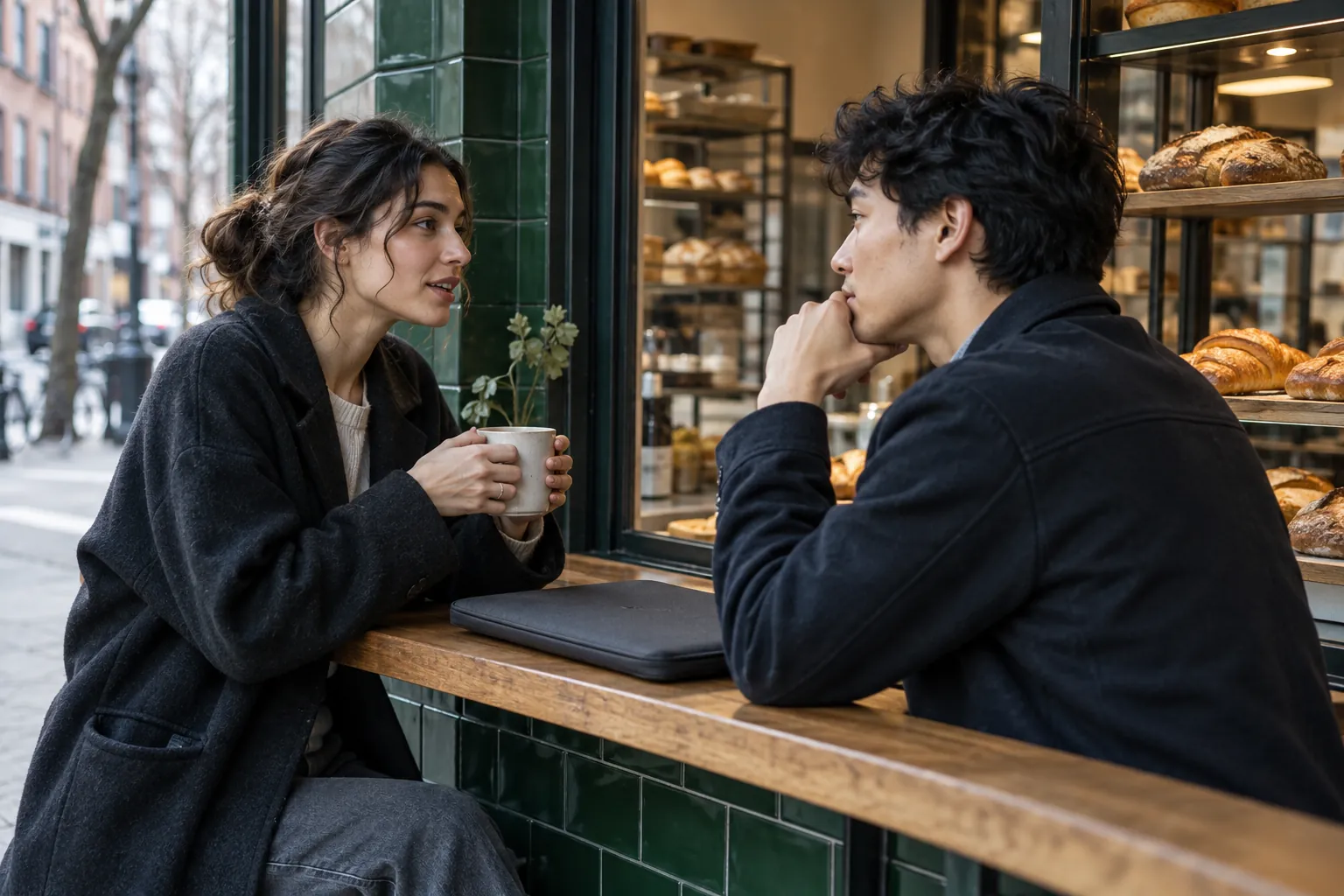 Illustration: Two young founders discuss ideas over coffee at a bakery window counter.