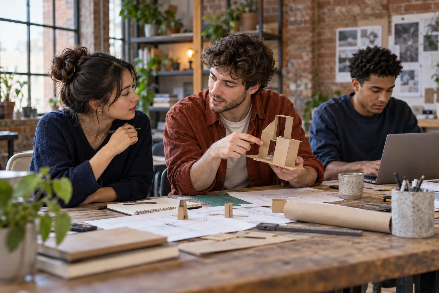 Illustration: Young adults discuss a cardboard prototype at a shared coworking table.