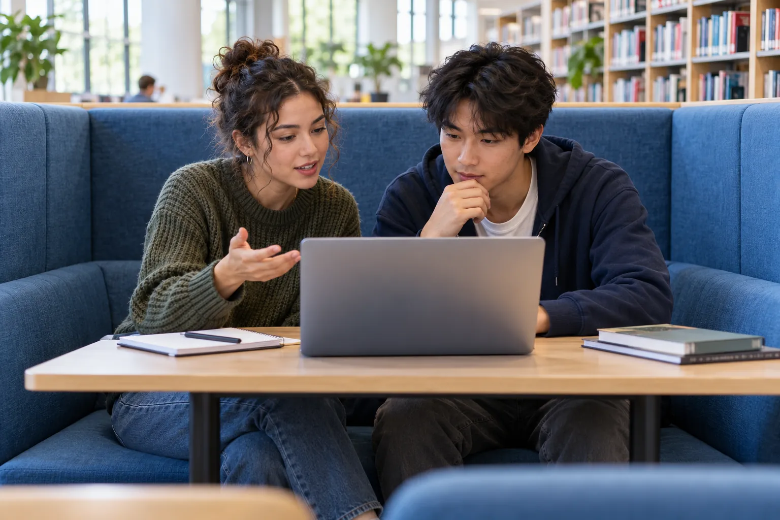 Illustration: Young adults discuss a laptop together in a library booth.