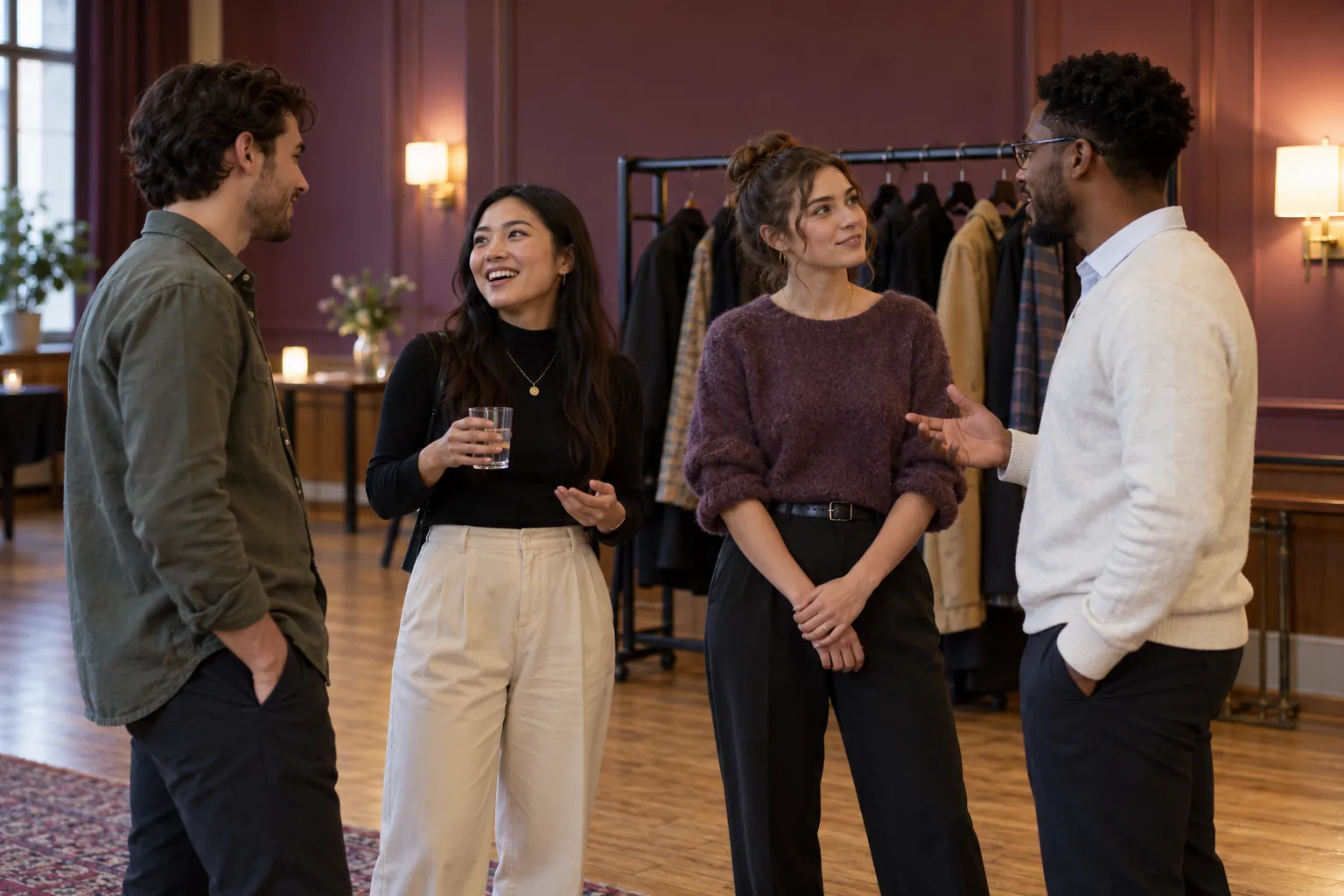 Illustration: Young adults chat at an informal professional gathering.