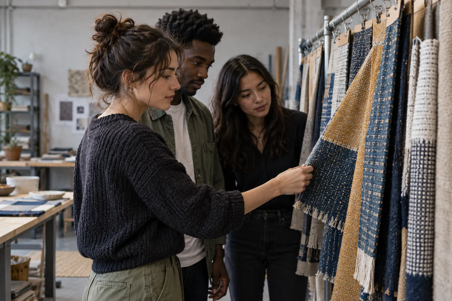 Illustration: Young adults examine woven textile samples together in a workshop.