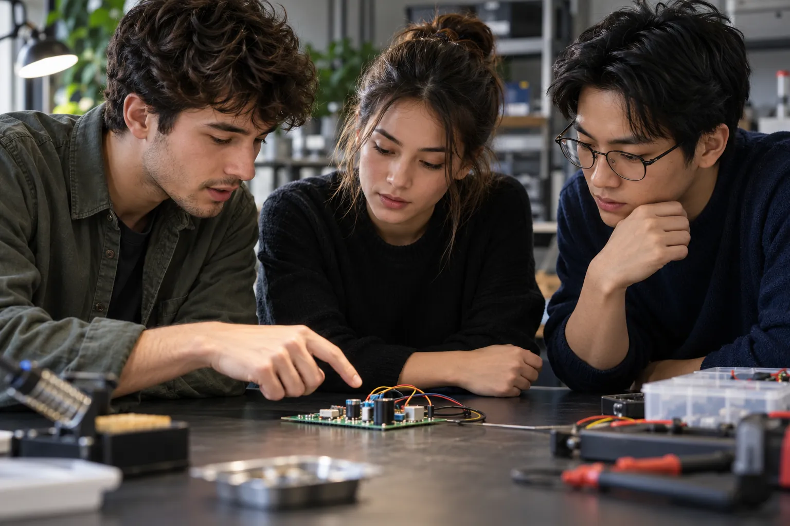 Illustration: Young adults discuss a small circuit prototype at a workbench.