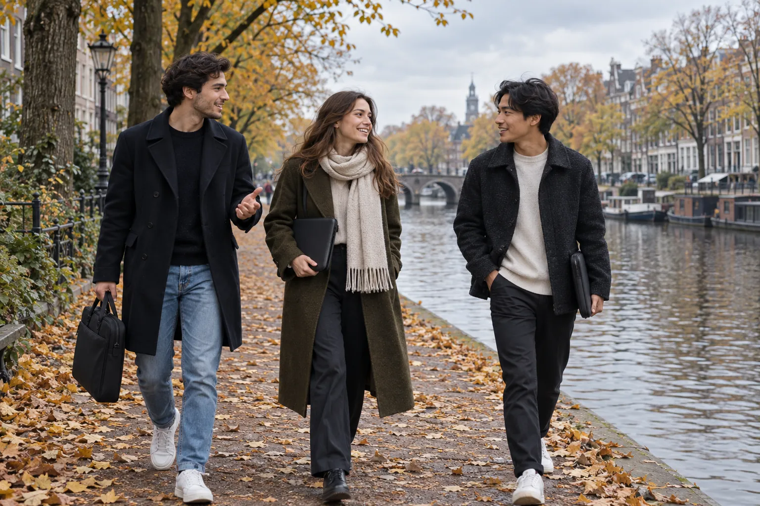 Illustration: Young adult founders walk together beside a canal after a meetup.