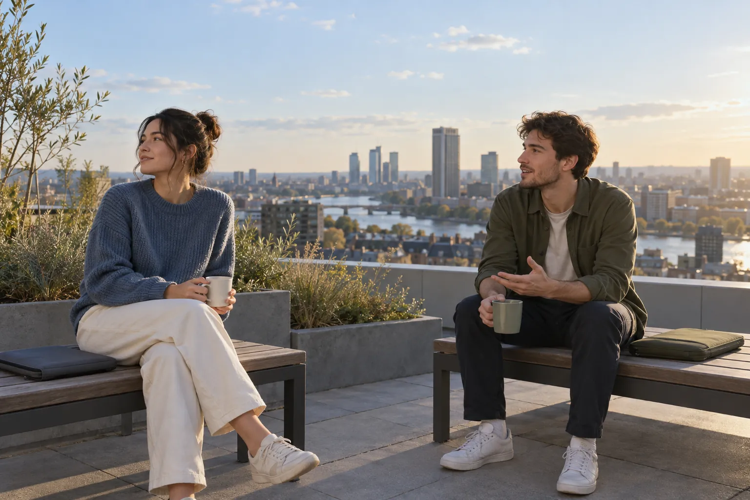 Illustration: Young coworkers take a quiet coffee break on a rooftop.