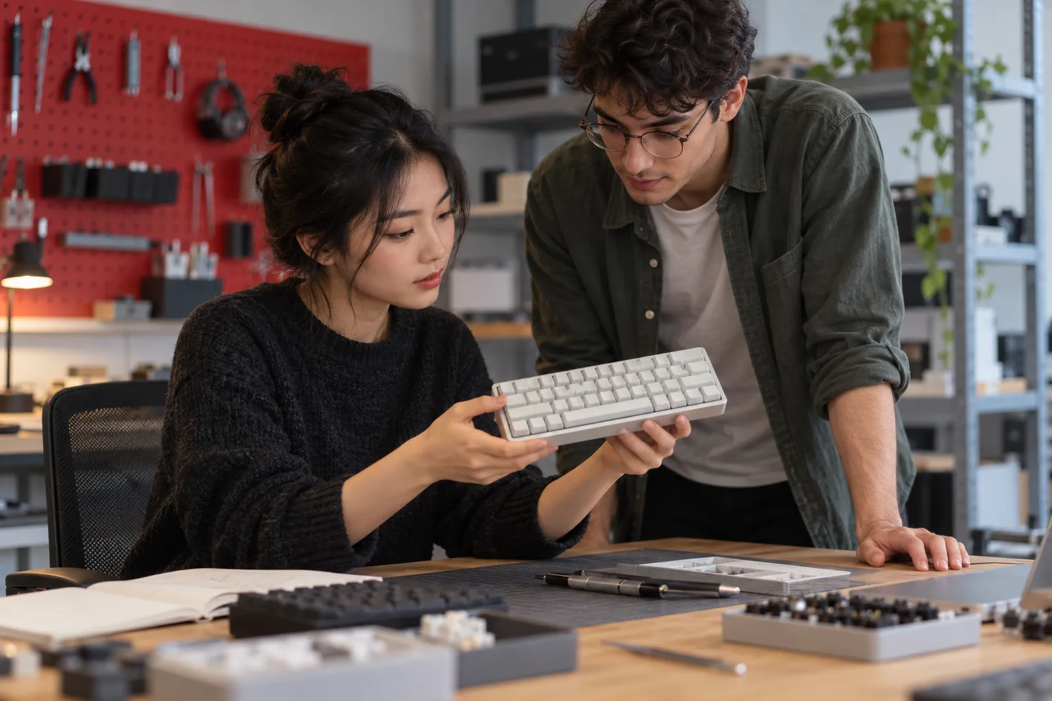 Illustration: Young developer colleagues examine a keyboard prototype.