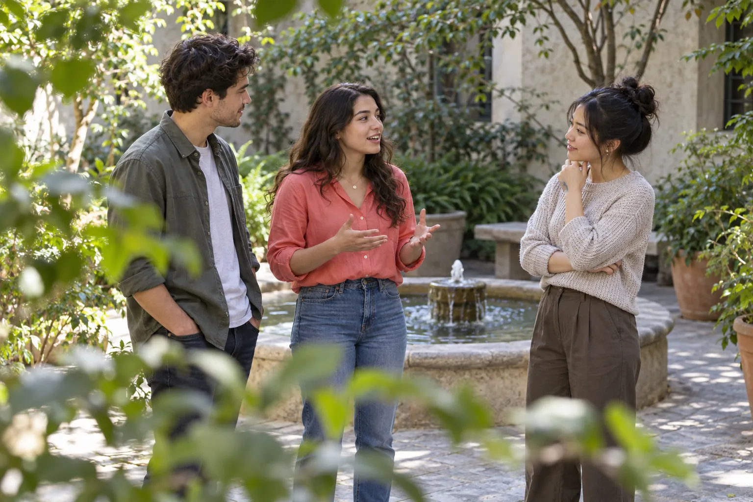 Illustration: Young coworkers converse in a shaded courtyard.