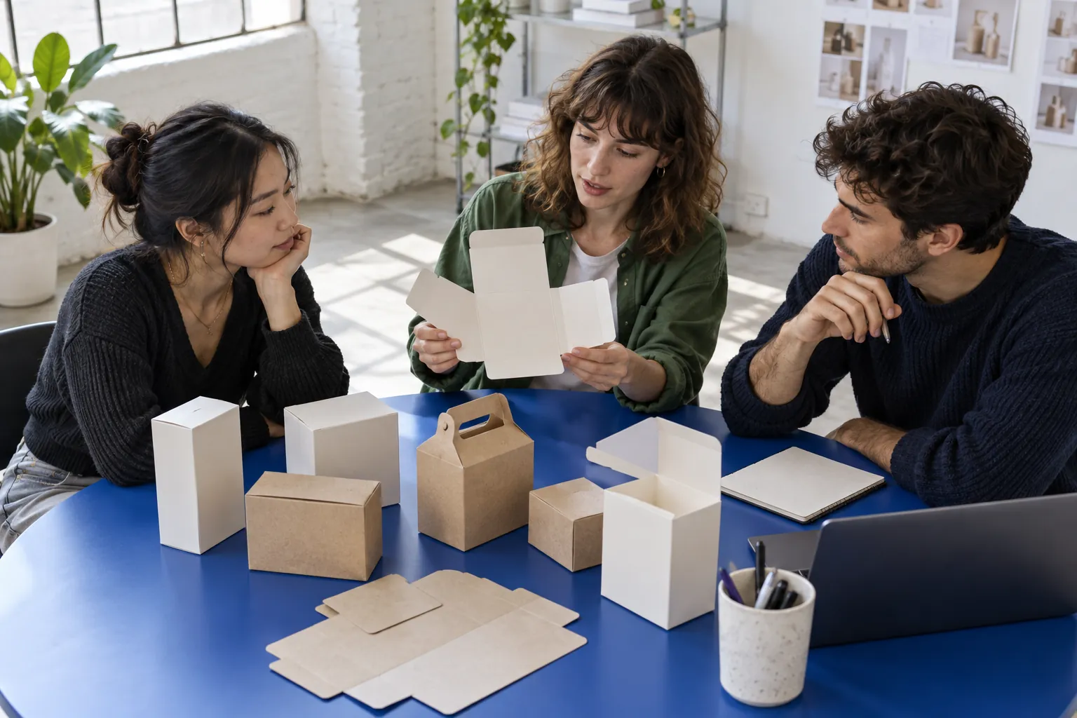 Illustration: Young professionals review blank packaging prototypes.