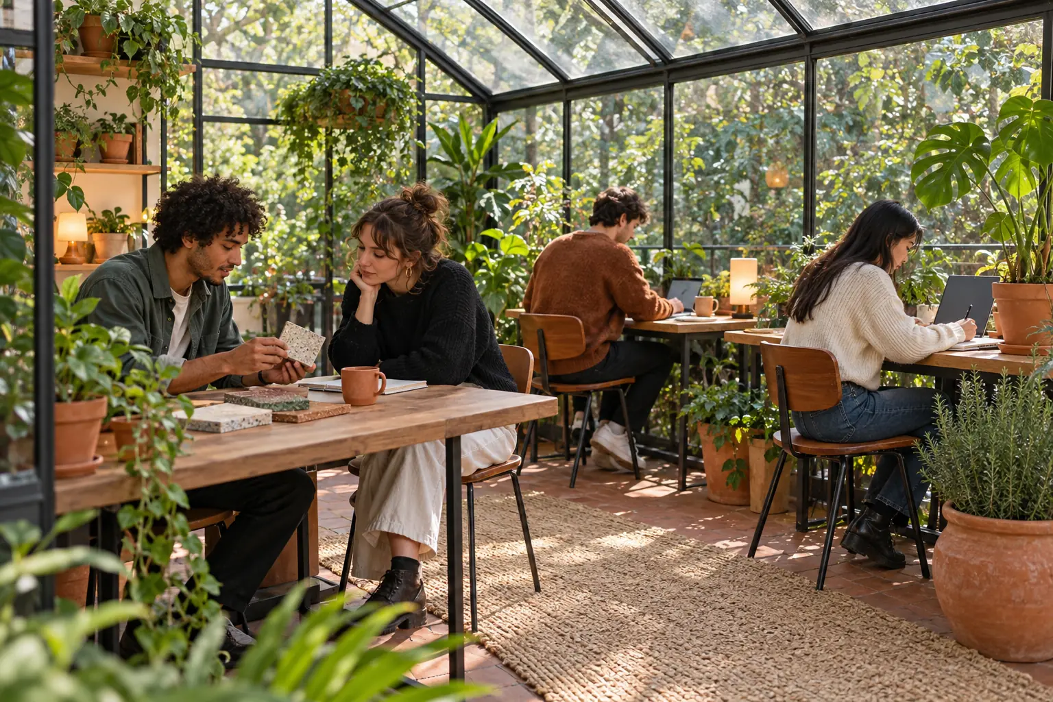 Illustration: Adults working and discussing samples in a greenhouse workspace.