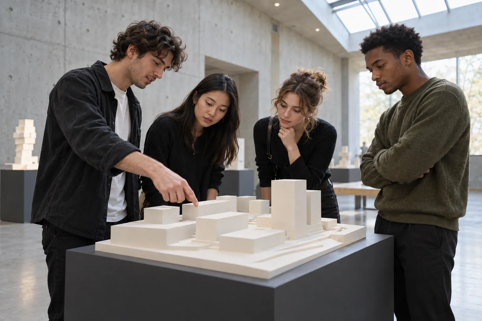 Illustration: Young adults discussing a small architectural model in a concrete gallery.