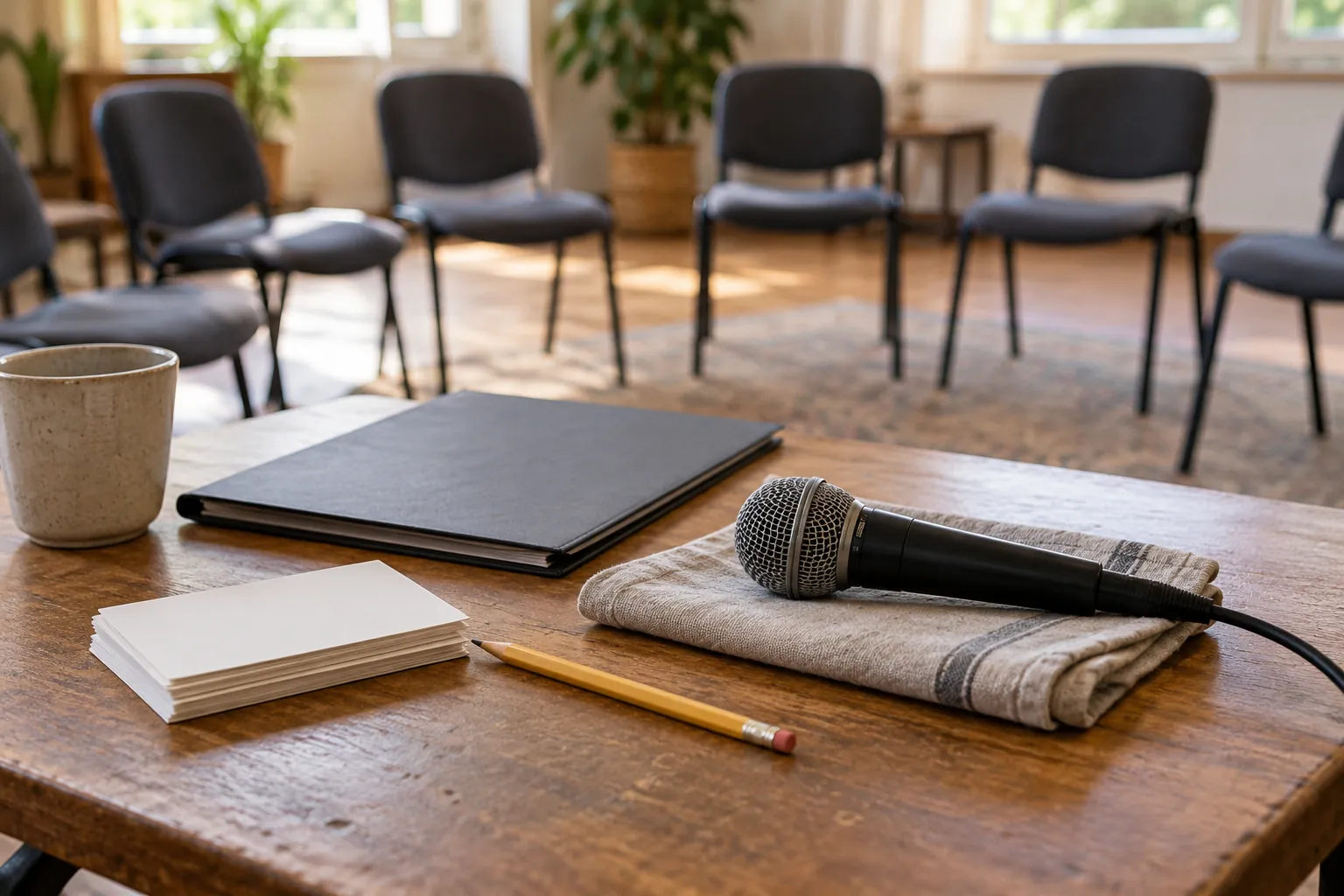 Illustration: A microphone, blank prompt cards and a folder beside empty meeting-room chairs.