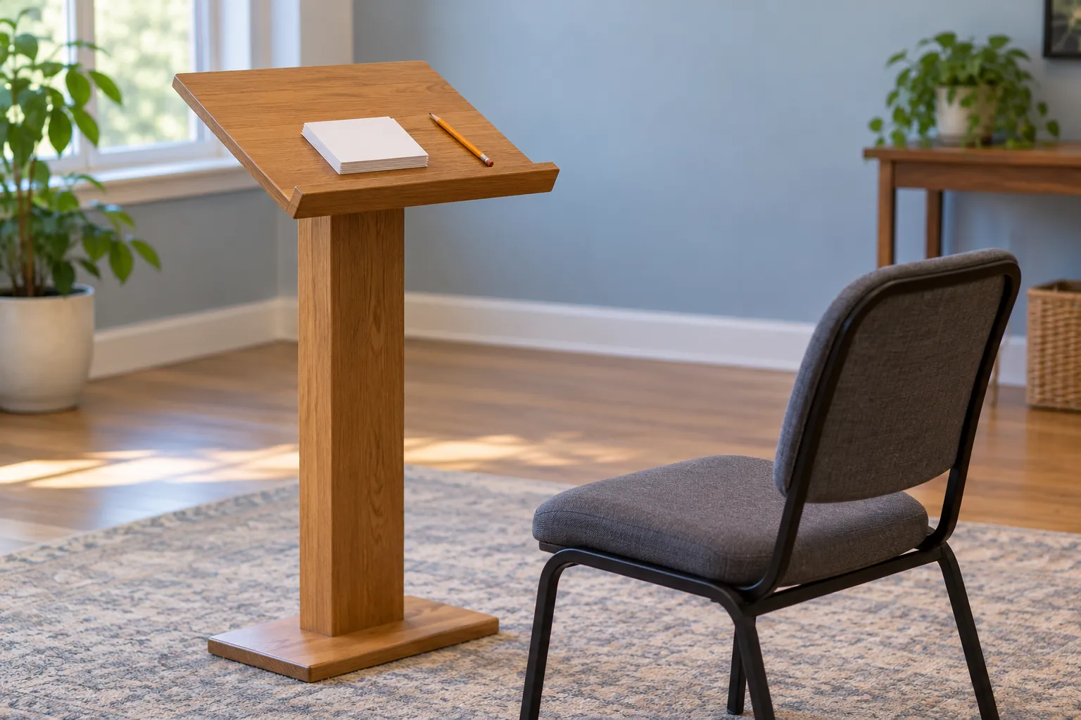 Illustration: A wooden lectern with blank cue cards facing an empty chair.