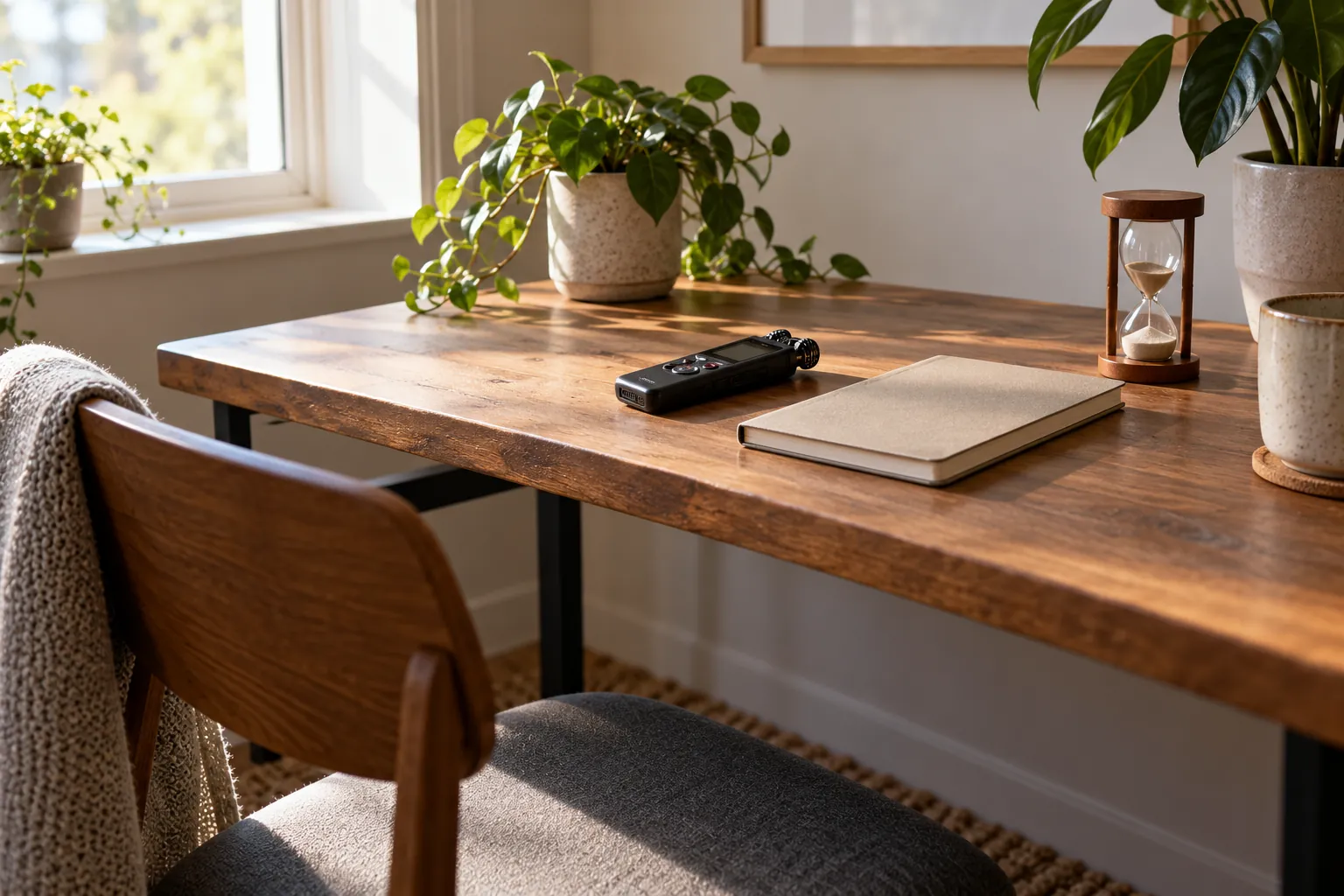 Illustration: A recorder, notebook and hourglass on a narrow practice desk.