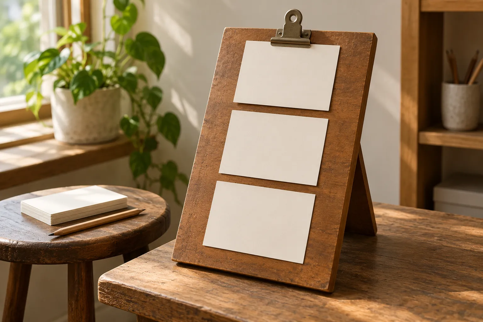 Illustration: Blank cue cards on a sloped standing board beside a stool.