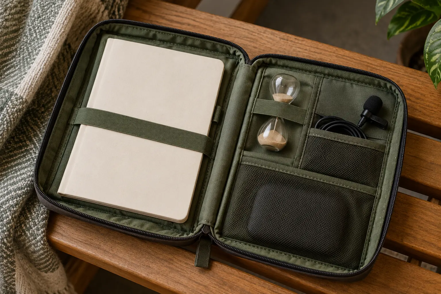 Illustration: Speech-practice materials in an open fabric organizer.