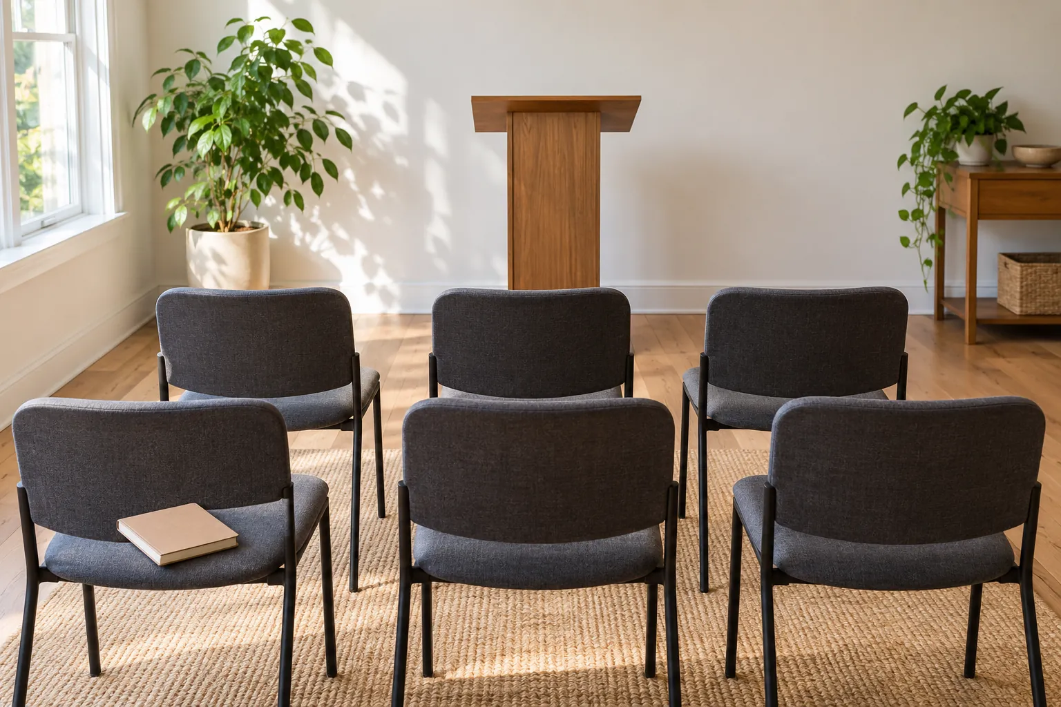 Illustration: Six empty chairs facing a simple wooden speaking stand.