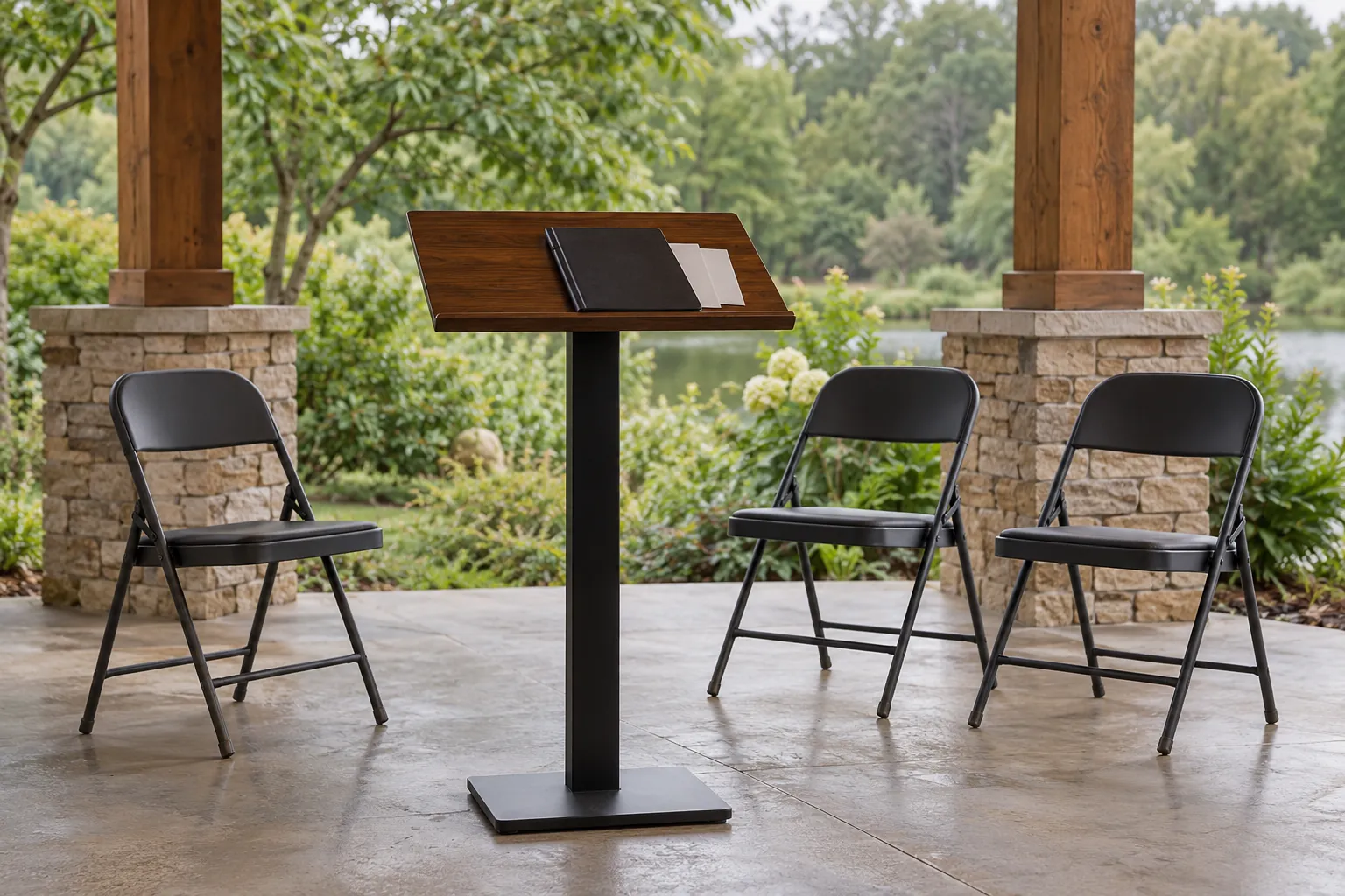 Illustration: A portable lectern and empty chairs in a garden shelter.