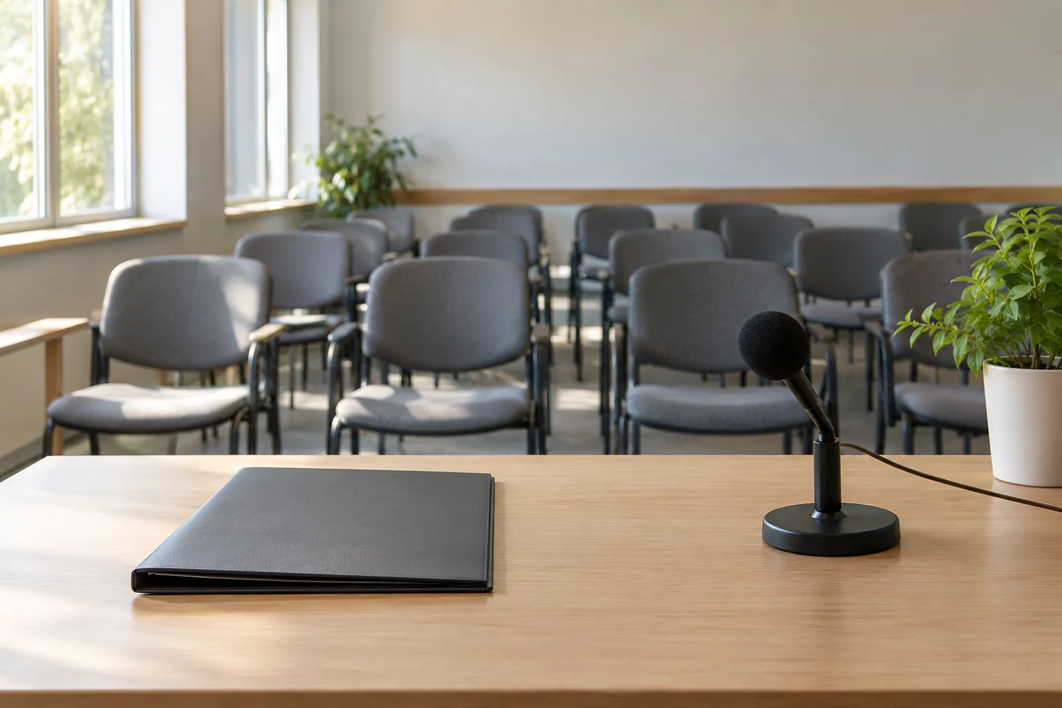 Illustration: A desk microphone and folder facing empty classroom chairs.
