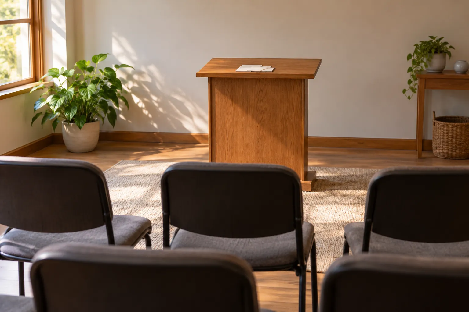 Illustration: Empty seats facing a low lectern with blank cue cards.