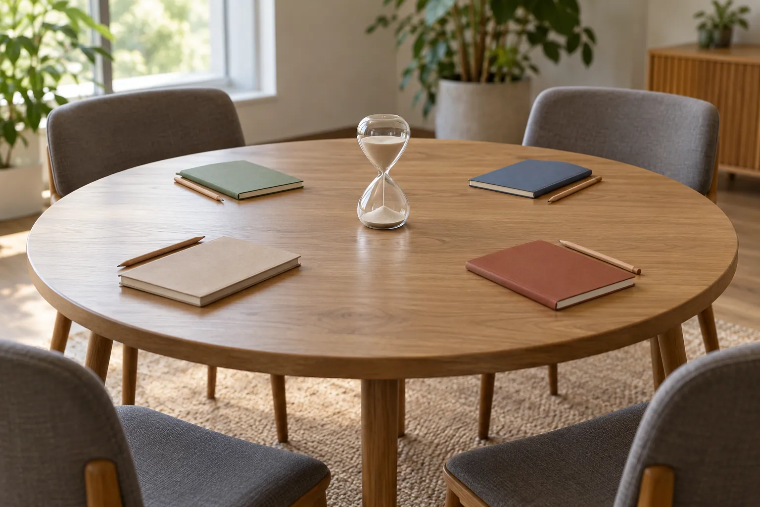 Illustration: Notebooks and pencils around a round table for a feedback circle.