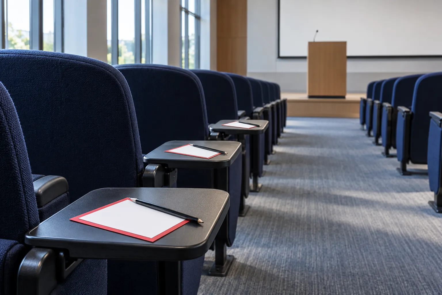 Illustration: Feedback cards on writing arms along an empty auditorium aisle.