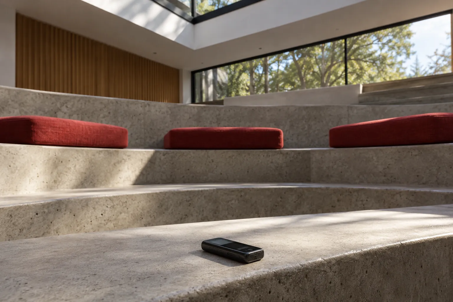 Illustration: A plain recorder beneath red cushions in a sunken discussion space.