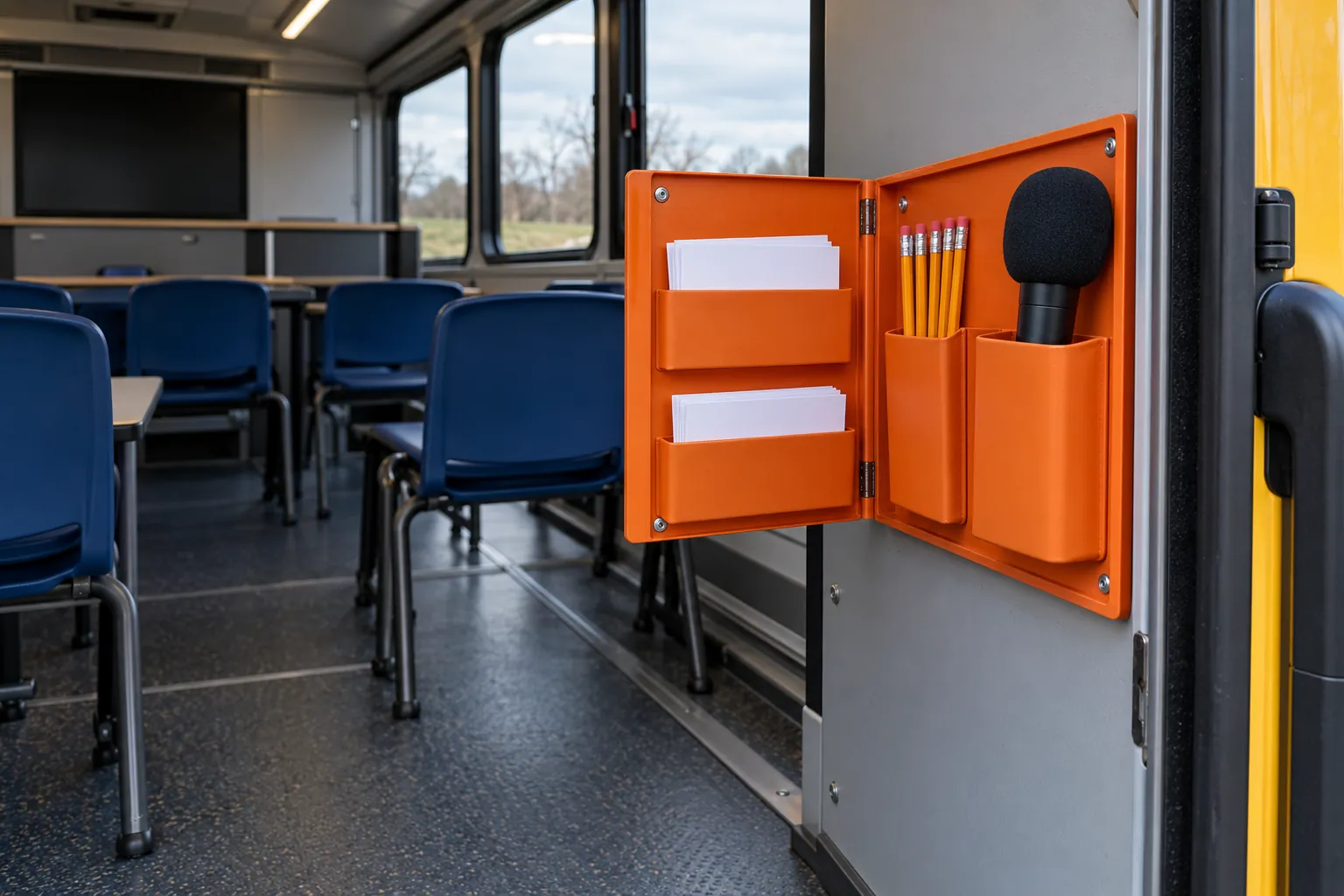 Illustration: Speaking materials in a fold-out panel inside a mobile classroom.