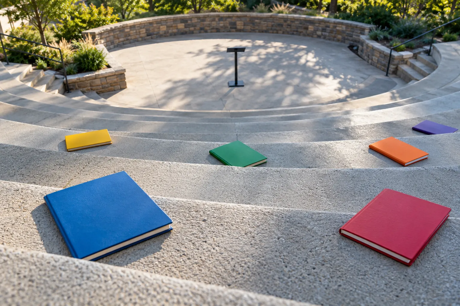Illustration: Feedback notebooks scattered along empty amphitheater tiers.