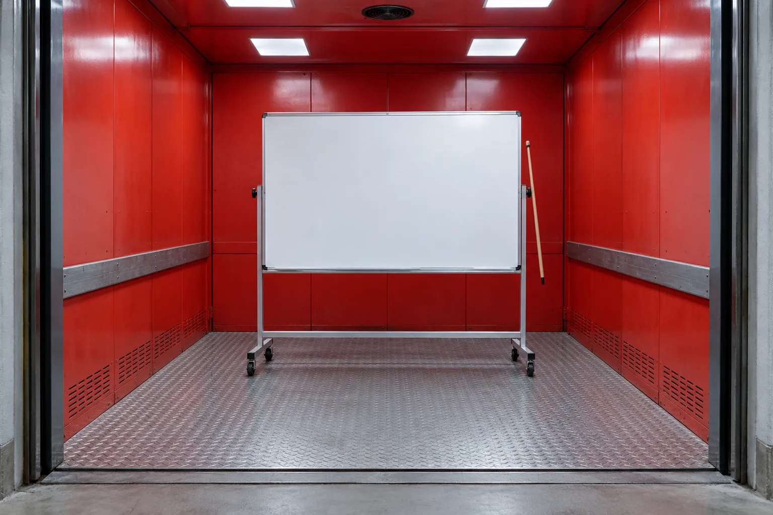 Illustration: A blank presentation board inside a red workshop alcove.