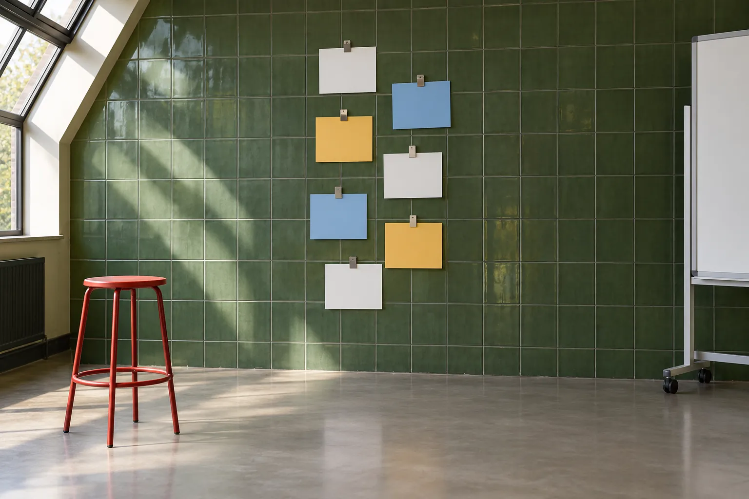 Illustration: Blank cue cards sequenced on a green tiled wall.
