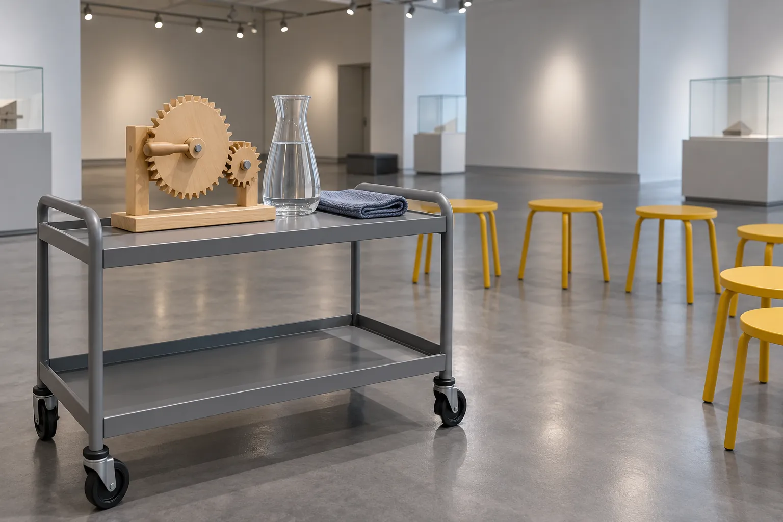 Illustration: Demonstration objects on a trolley facing yellow gallery stools.