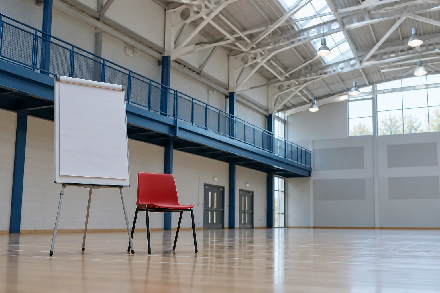 Illustration: A blank flip chart and chair beneath a sports-hall balcony.