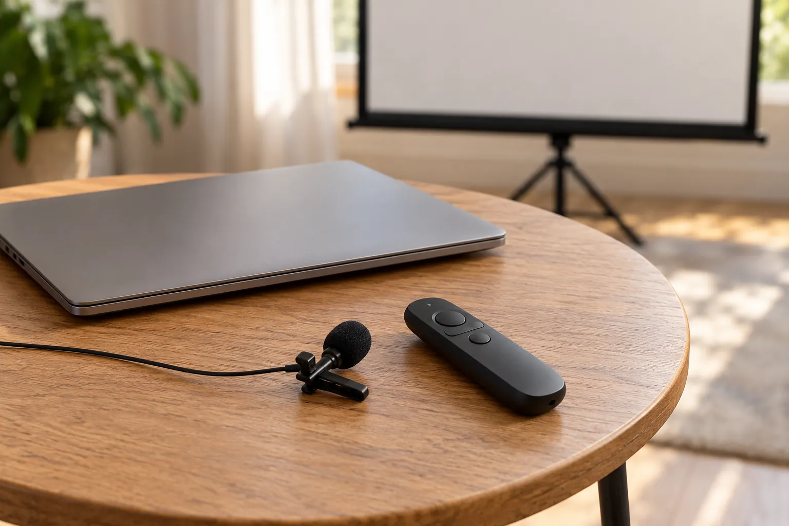 Illustration: A clip microphone and remote beside a closed laptop and blank screen.