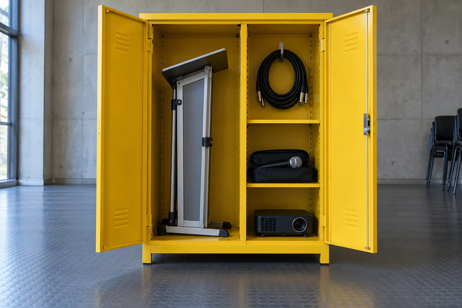 Illustration: A yellow locker holding a folded lectern and presentation equipment.