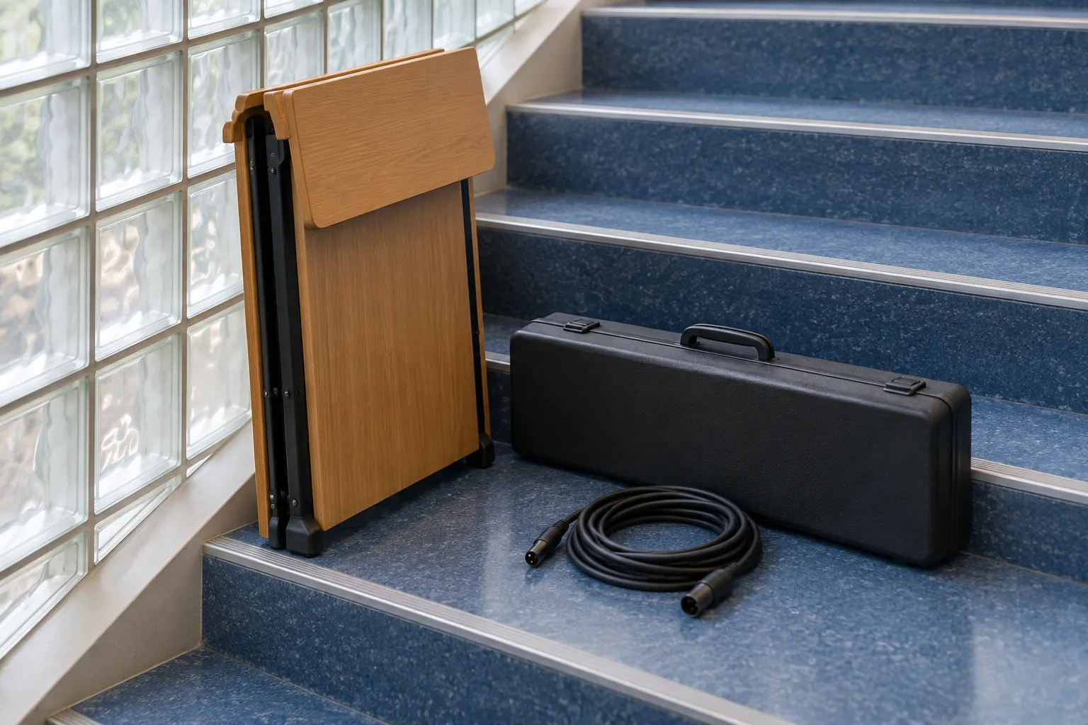 Illustration: A closed folding lectern, plain microphone case and coiled cable wait on broad blue indoor steps beside a glass-block wall, viewed diagonally.
