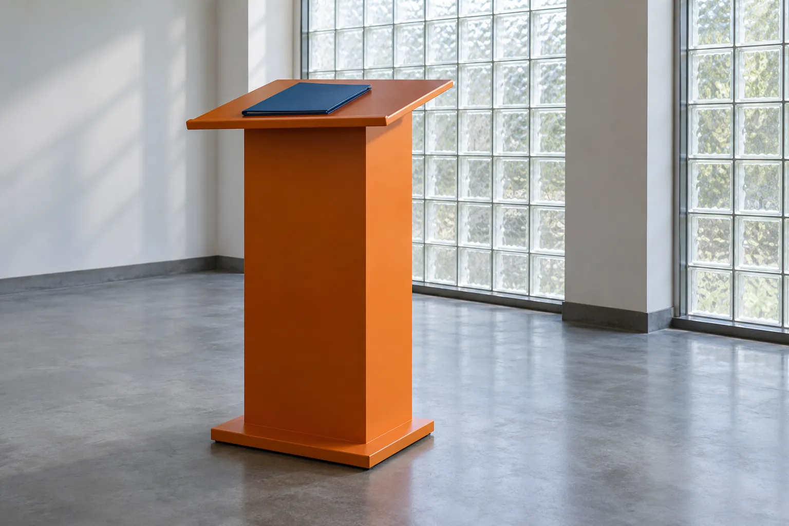 Illustration: A plain orange lectern and a closed blue folder in an empty room with glass-block windows and grey flooring.