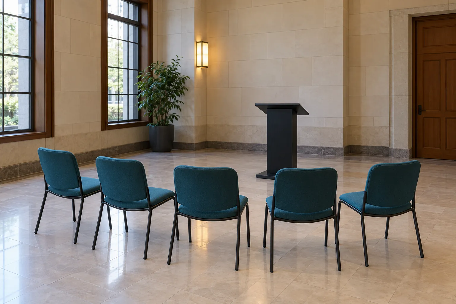 Illustration: Five empty teal chairs in a shallow arc face a simple black lectern in a cream tiled civic room.
