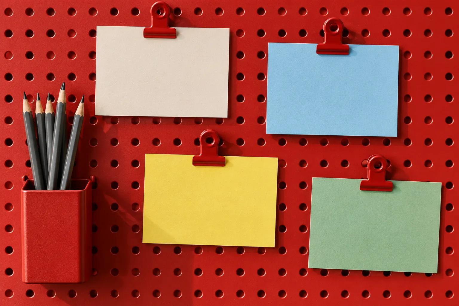 Illustration: Blank coloured feedback cards clipped to a red perforated metal panel beside plain pencils in a small holder.