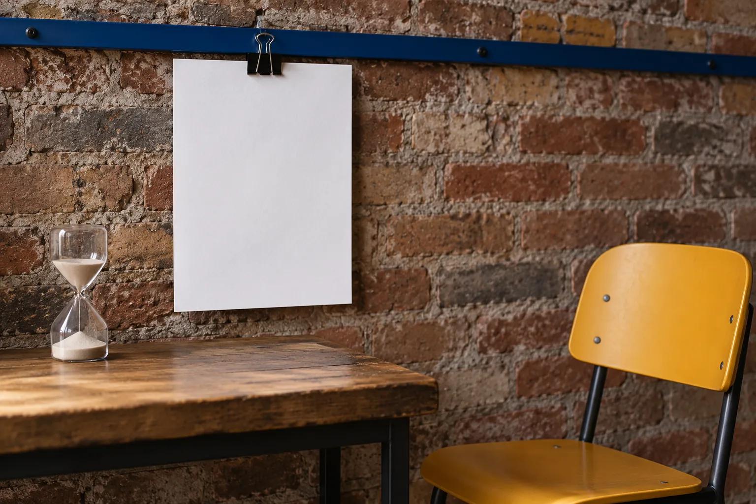 Illustration: A blank clipped sheet and simple sand timer on a narrow cobalt rail beside an empty yellow chair.