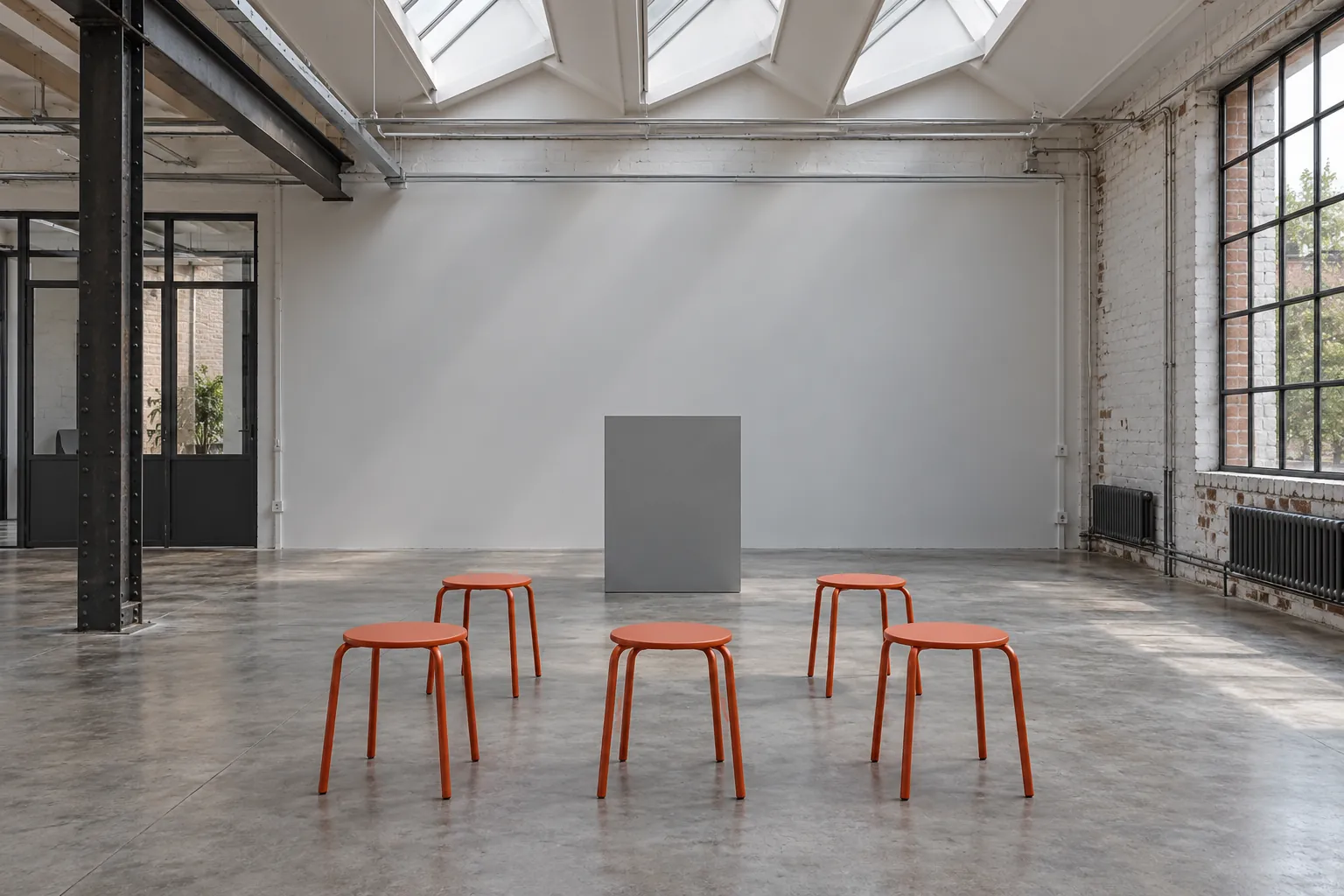 Illustration: Six empty orange stools arranged toward a plain grey presentation stand under a sawtooth skylight in a converted workshop.