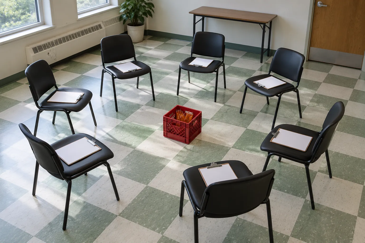 Illustration: Empty black chairs with plain blank clipboards form a circle on green and white linoleum squares, a red pen crate centrally placed.