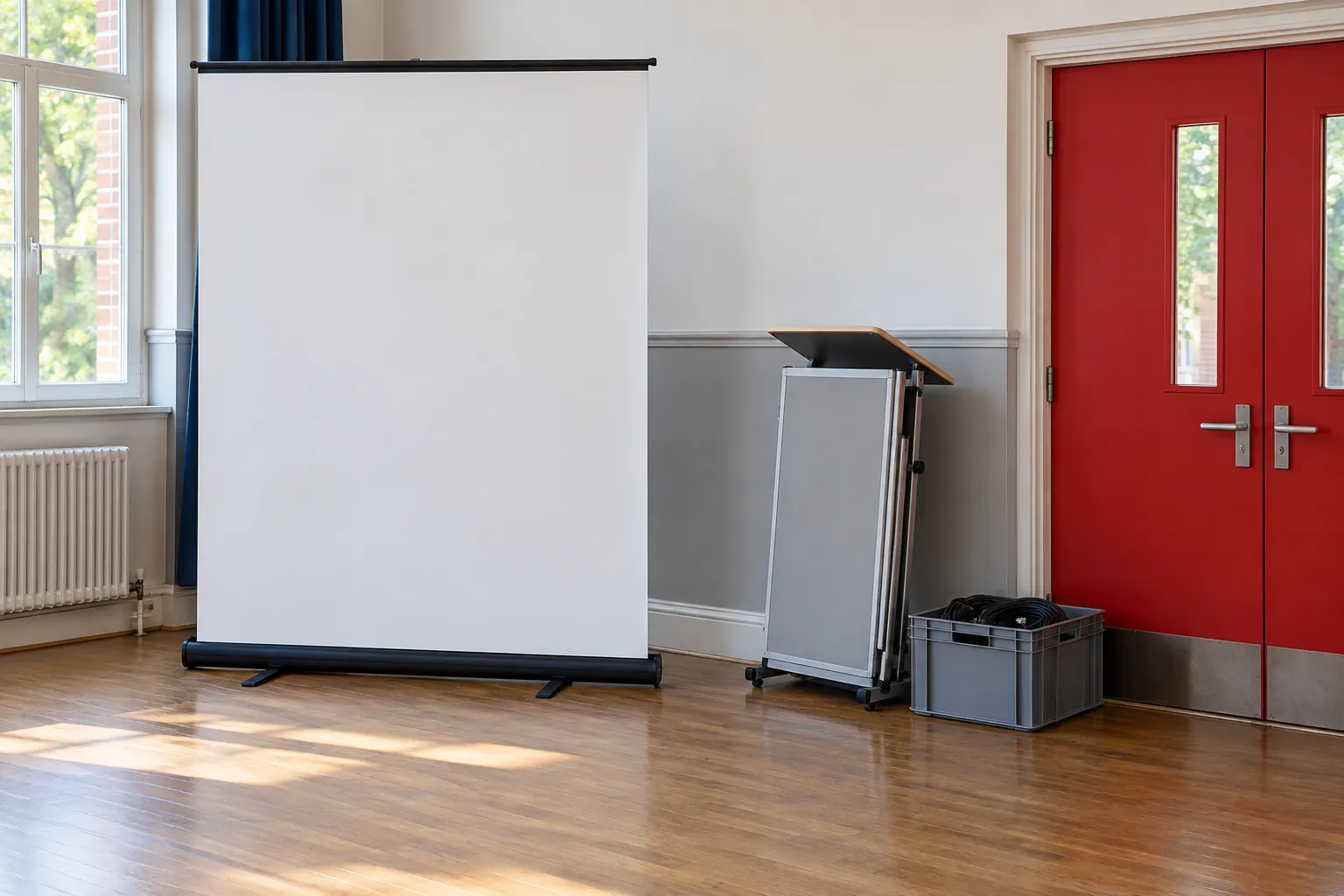 Illustration: A plain blank pull-up screen and folded lectern beside bright red hall doors, cables packed in a grey crate.