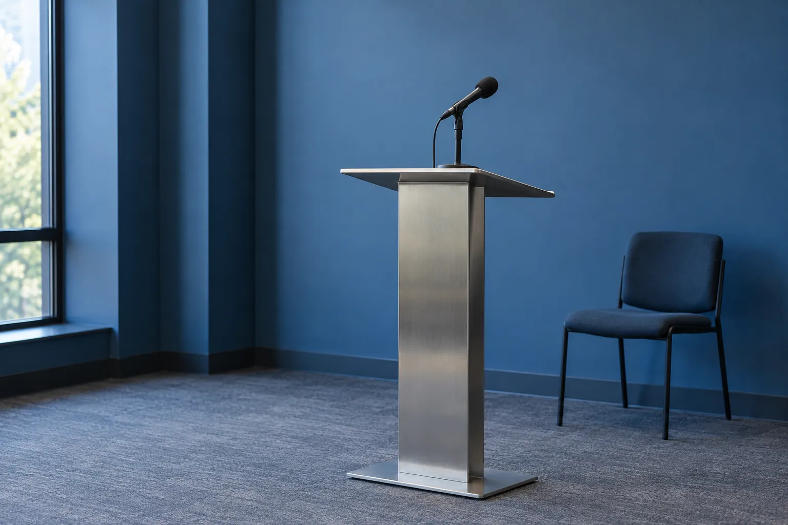 Illustration: A plain microphone on a desk-height stand atop a narrow stainless lectern in an empty blue room, one empty chair behind.
